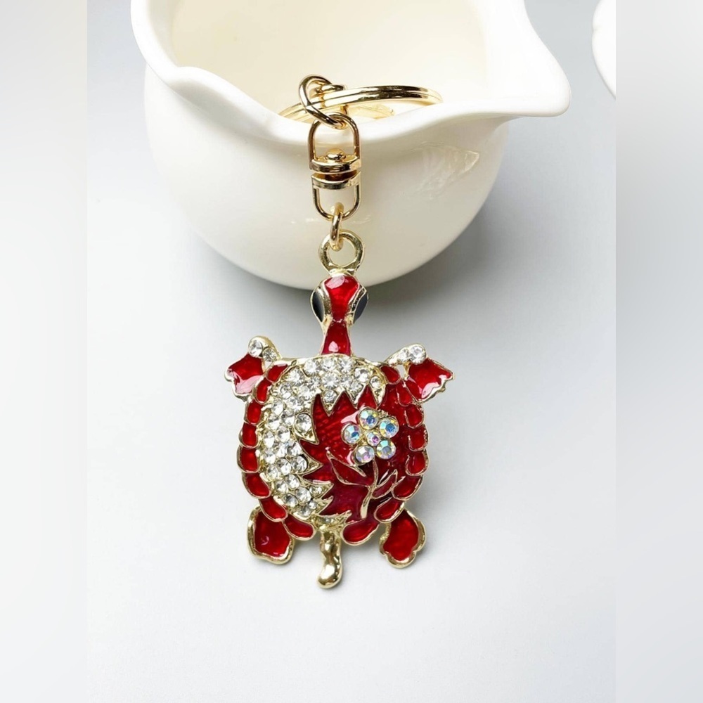 Red Crystal Turtle Keychain Key & Card Holder Charm